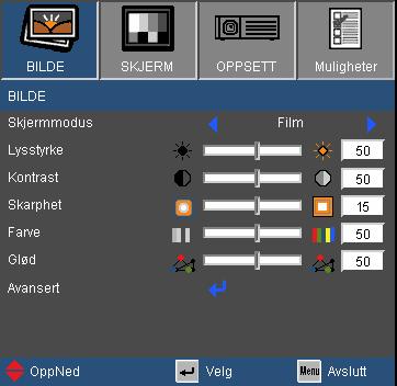 Brukerkontroller Bilde Skjermmodus Det er mange fabrikkinnstillinger som er optimalisert for ulike typer bilder. Presentasjon: Presentasjon: Bra farge og klarhet fra PC-inngang.