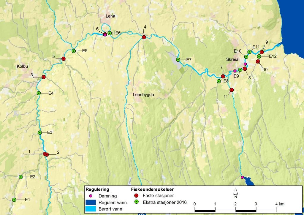 stasjonene varierte, vanligvis gikk de 30 m parallelt med land, fra bredden og 3-5 m ut i elva.