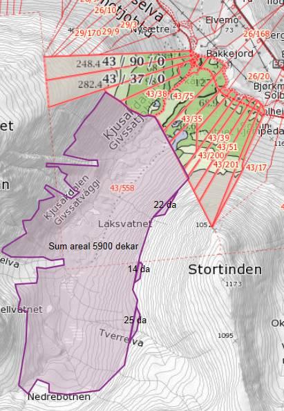 Kart: Arealberegning fra kommunen på vald 22 Vurdering: Vald 22 klager på tildeling av areal og mener det er minst 3000 dekar mer en oppmåling.