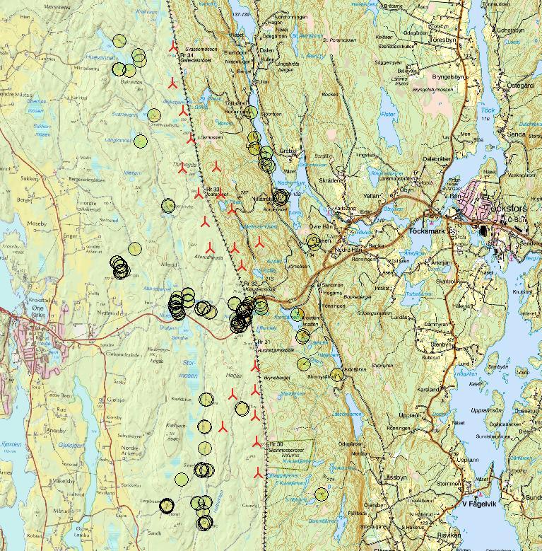 Figur 24: Reseptorer skyggekast Høgås/Joarknatten Vindpark og Hån Vindpark For å få en oppfatning om de eventuelle kumulative effektene av skyggekast fra både Høgås/Joarknatten vindkraftverk og Hån