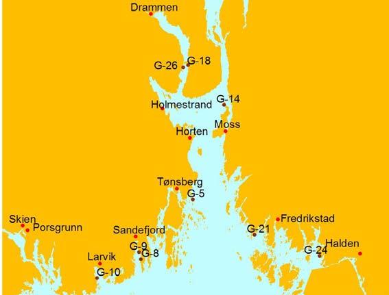 2 MATERIALE OG METODER Hardbunnssamfunnet i fjæresonen ble undersøkt på 8 stasjoner i Ytre Oslofjord 15. og 16. august 2004 (Figur 2-1).