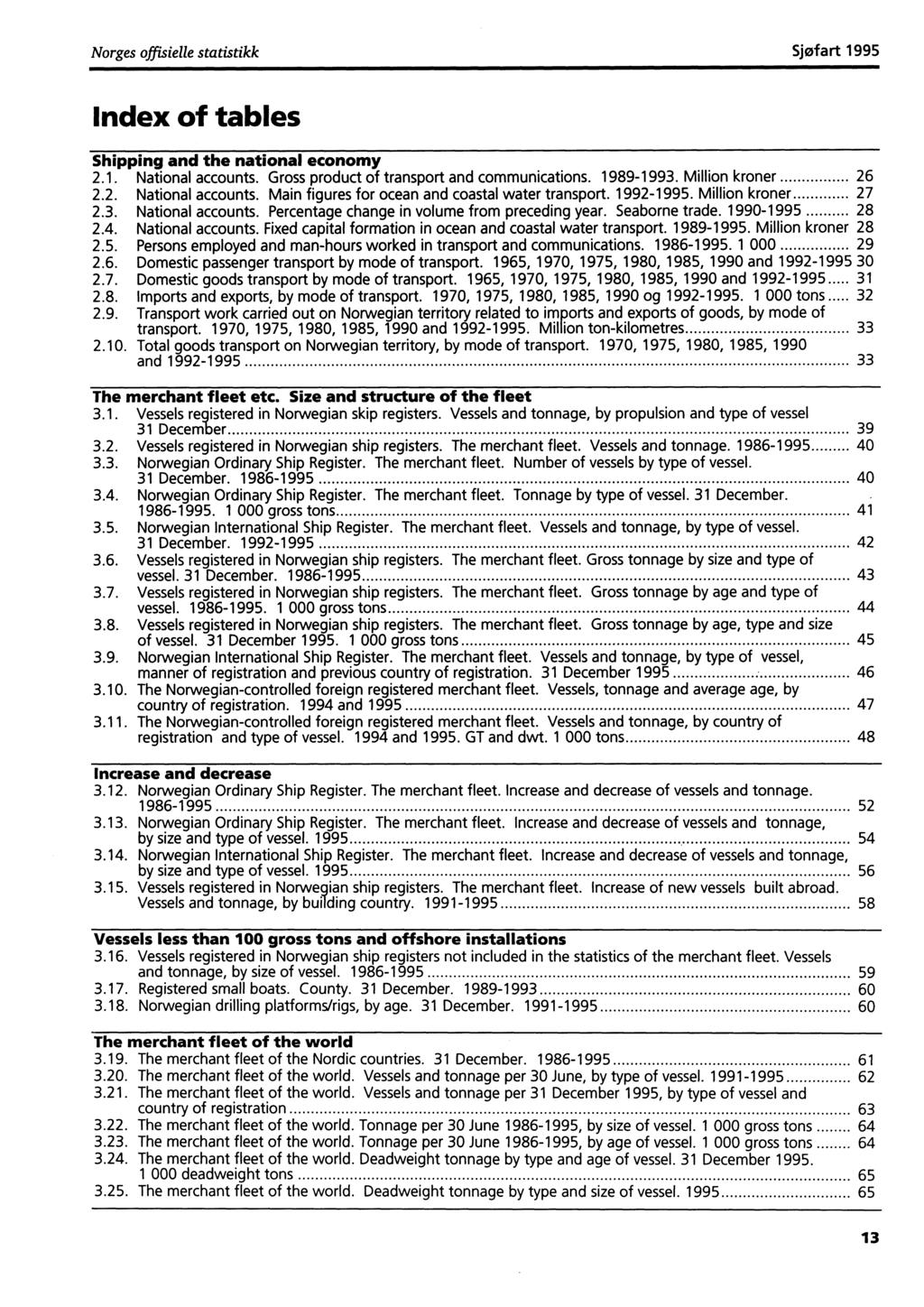 Norges offisielle statistikksjøfart 1995 Index of tables Shipping and the national economy 2.1. National accounts. Gross product of transport and communications. 1989-1993. Million kroner 26 2.2. National accounts. Main figures for ocean and coastal water transport.