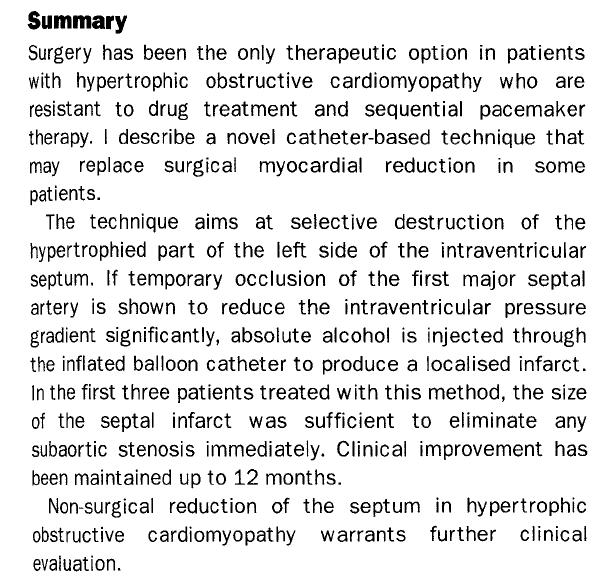 Septum ablasjon med alkohol Ulrich Sigwart Photo from Cardiovascular News Lancet,