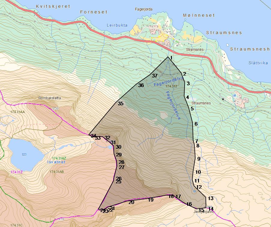 3 Eksisterende vannforsyning Fagerjord Bilde 3: Nedslagsfelt Fagerjordelva (kilde NVE Atlas) 3.