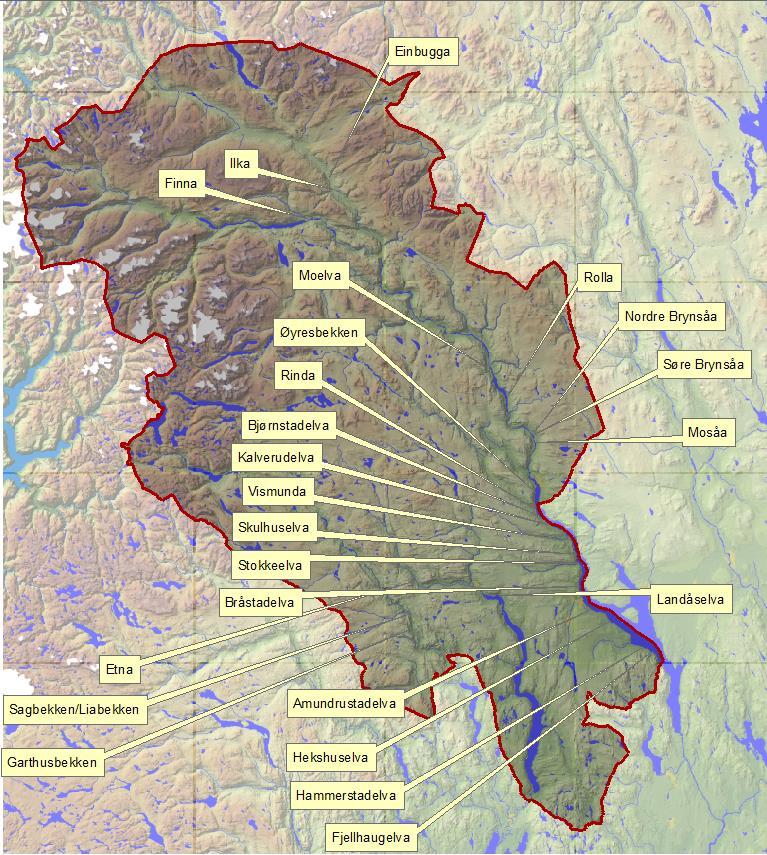 3. Elvene karakteriseringer, resultater og vurderinger Av de 24 elvene/bekkene som inngår i denne undersøkelsen har 8 utløp til Gudbrandsdalslågen, 12 til Mjøsa, to til Dokka/Randsfjorden og to løper