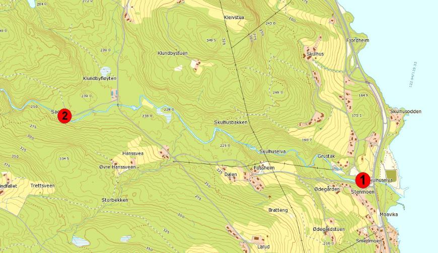 14 Skulhuselva Kommune: Gjøvik Koordinater UTM 32V: Stasjon 1: 590267 6754250 Stasjon 2: 590006 6754359 Dato: 12.07. Skulhuselva munner ut i Mjøsa mellom Biri og Redalen.