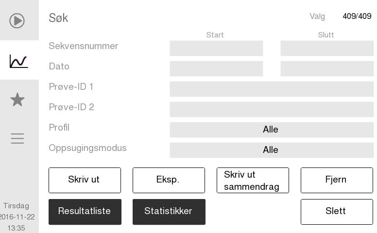 3. Bruk (prøveanalyse) Resultater 4 Søkefunksjon I søkemodus kan du søke etter prøver ved hjelp av spesifikke søkekriterier. z Velg feltet Søk nederst til venstre.