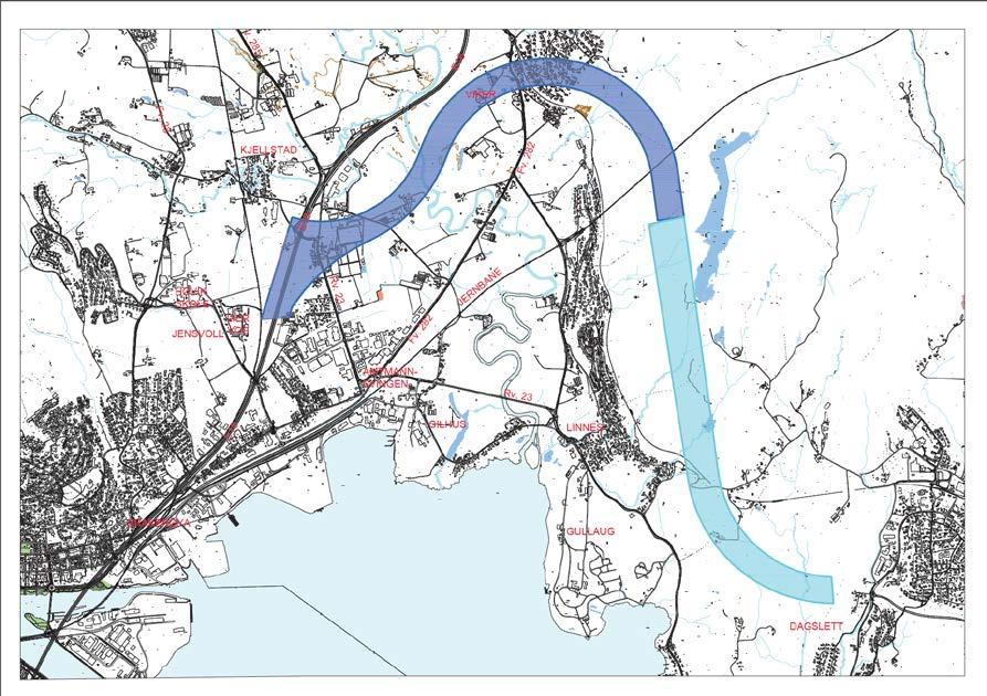 Korridor Begrunnelse Oversikt Mørk blå: I kombinasjon med grønn Korridoren er en variant av lys blå korridor. korridor må det etableres to kryss samtidig som E18 må utvides.