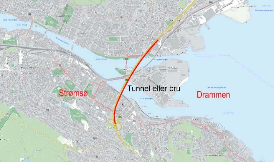 Innspill Begrunnelse Oversikt Kryssing av Det vil ikke være mulig å bygge en tunnel Drammenselva: Forslaget presenterer et som vil kunne tilfredsstille kravene til stigning.