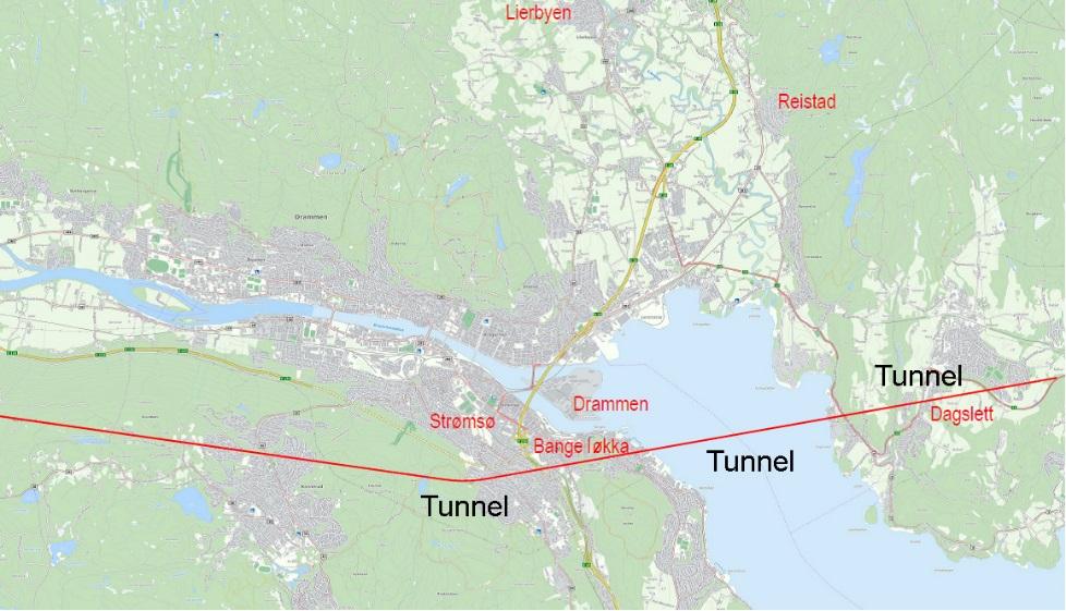 Tunnel Dagslett Bangeløkka Strømsåsen: Forslaget presenterer et alternativ for videreføring av rv.