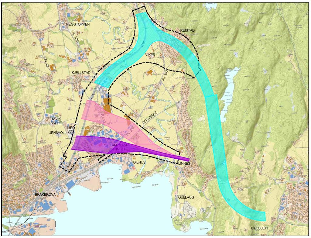 6. Alternative korridorer som foreslås konsekvensutredet Statens vegvesen ønsker utrede konsekvensene for korridorene lys blå, rosa og lilla.