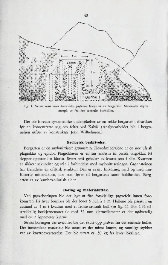 40 Fig. 1. Skisse som viser hvorledes prøvene bores ut av bergarten. Materialet skytes etterpå ut fra det sentrale borhullet.