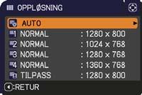 KILDE-meny Punkt OPPLØSNING Beskrivelse Oppløsningen for COMPUTER IN kildesignaler kan innstilles på denne prosjektøren. (1) I KILDE-menyen velger du OPPLØSNING med / knappene og trykker på knappen.