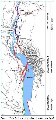 Delstrekning II, Øyre Storhove (9 alternativer, ett i dagens trase, fire med tunnelinnslag fra sør i Øyresvika og fire med tunnelinnslag fra sør på Riselandet) o II-A-1 (Følger dagens trase med