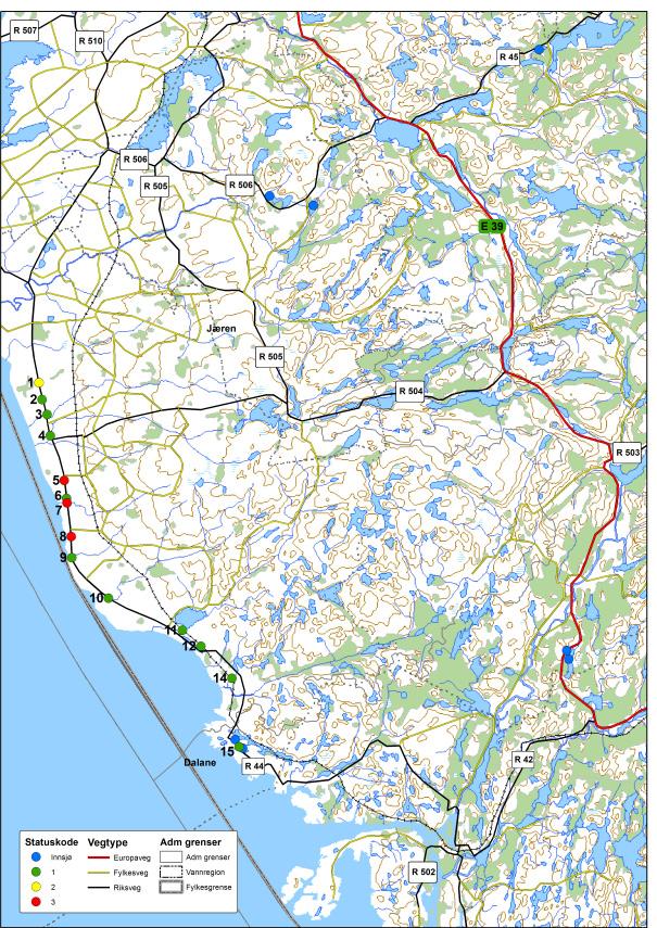 Figur 26. Utvalg av lokaliteter som er undersøkt i Rogaland.