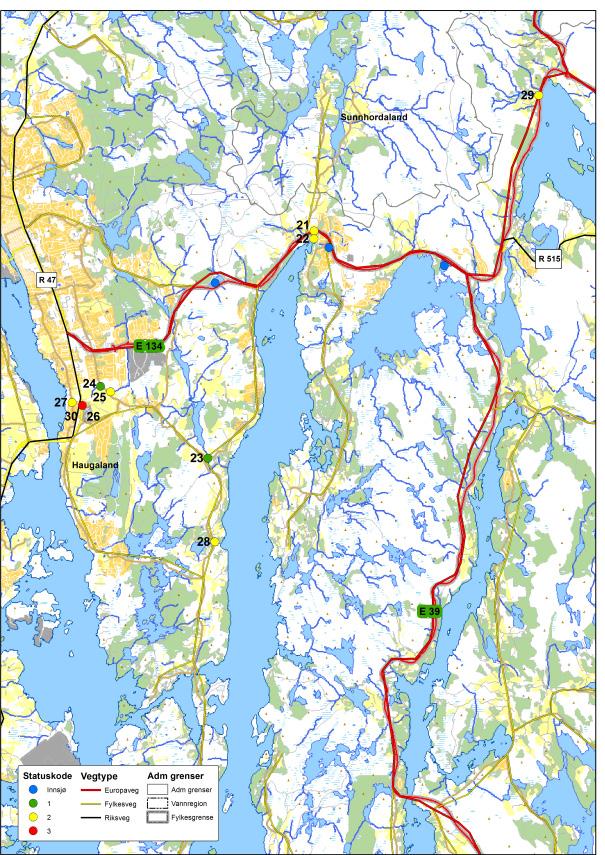 Figur 27. Utvalg av lokaliteter som er undersøkt i Rogaland.
