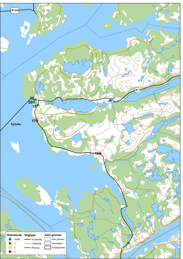 Figur 28. Utvalg av lokaliteter som er undersøkt i Rogaland.