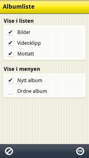 De ulike innstillingene beskrives nedenfor. 5.1 Albumliste Her velger man hvilke album som skal vises i albumlisten: Bilder (se 2.3 Albumet Bilder) Videoklipp (se 2.