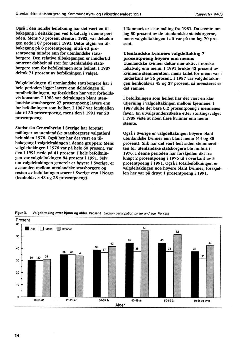 Utenlandske statsborgere og Kommunestyre- og Fylkestingsvalget 1991 Rapporter 94/15 Også i den norske befolkning har det vært en tilbakegang i deltakingen ved lokalvalg i denne perioden.