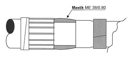 6. Forsegling av ytre halvleder Etabler ekstra trykk på overgangen PEX-Ytre halvleder (på kabalen) med tre runder av isolasjonstape (EPR=Insulating Tape HN-26 S-04) som vist. OBS!