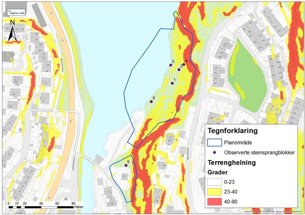 17 Figur 4-1 Kart som viser mulig løsneområder for steinsprang (merket rødt). I følge NVE (2014) vil mulige steinsprangblokker begynne å avlagres ved terreng med ca. 23 helning (merket gult).