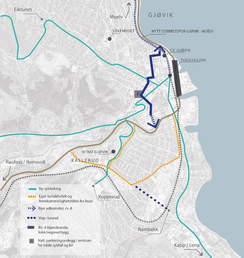 P2 Konsept 2 alternativ B: Byutvikling med jernbaneutbygging mot Moelv med stasjon i sentrum Alle tiltak som i