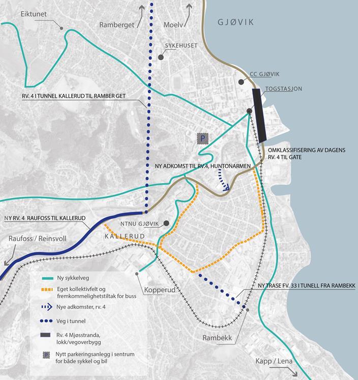 P2 Konsept 3: Ringveg med byutviklingstiltak Vegtiltak: Ny firefelts rv. 4 fra Raufoss til Kallerud Ny firefelts rv. 4 i tunell fra Kallerud til Ramberget Ny tverrforbindelse rv.