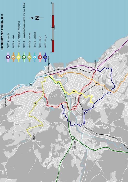 Figur 21 Kart over planlagte hovedruter for sykkel (Kilde: Gjøvik kommune 2015) Vurderingskriterie: Med bakgrunn i de behov/utfordringer, mål og strategier som Gjøvik kommune har definert i