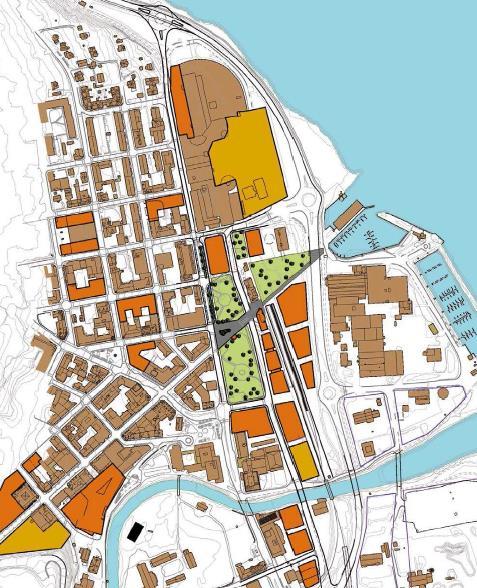 Figur 22 Gjøvik sentrum i framtiden med en tettere by og Storgata forlenget til Skibladnerbrygga (Kilde: Gjøvik kommune 2011) Rv.