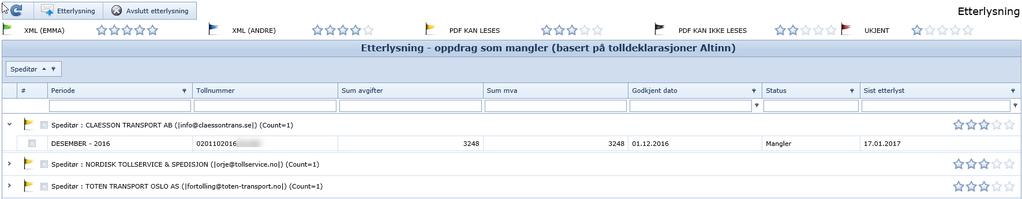 Hovedmodul Etterlysning av manglende deklarasjoner Oversikt over deklarasjoner som mangler i arkivet Kryss av og klikk