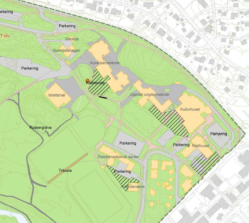 Kartutsnittet viser mulige framtidige byggeområder for utvidelse av skolene, kulturhuset, rådhuset og Oppdal distriktsmedisinske senter. Utvidelsesarealene er vist med svart skravur.