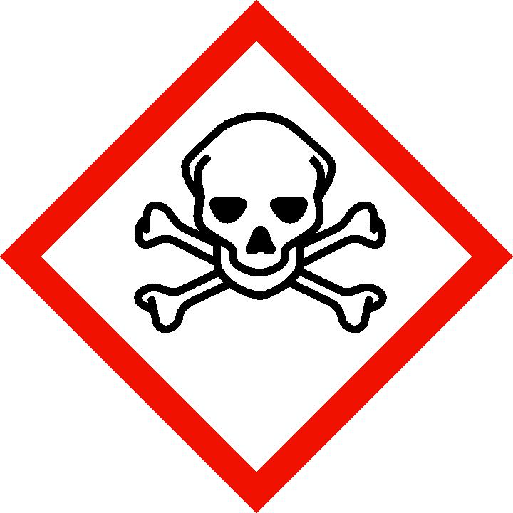 R24 Giftig ved hudkontakt. R31 Ved kontakt med syre utvikles giftig gass. R34 Etsende. R50 Meget giftig for vannlevende organismer.