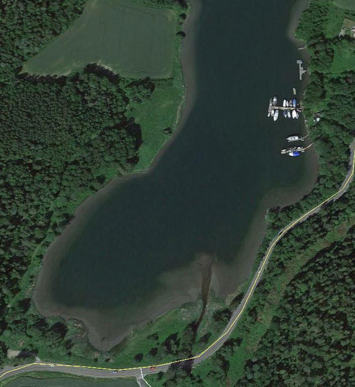 Fig 6 - Venstre. Bonn. Fjordens mest bevarte bukt med mudder (grå områder i sjøen). Fra Google Earth.