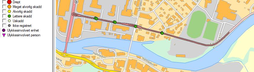 4.3.2 Vegstandard Fv. 481 har to felt, og tosidige fortau det meste av strekninga. Heilt i aust er det einsidig fortau. Nokre stader er fortaua skilt frå vegen med rabatt.