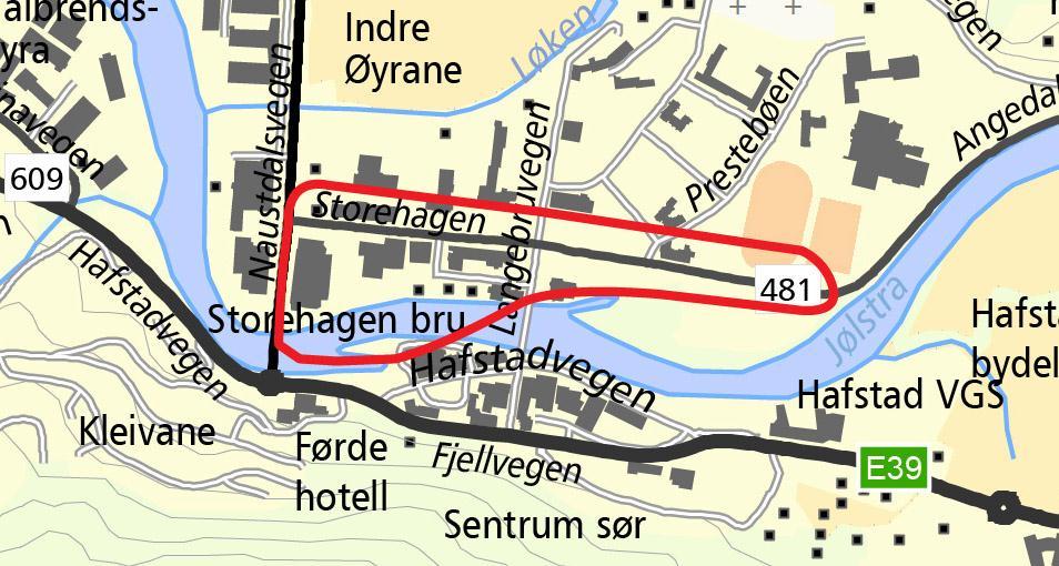 4 Situasjonen i dag 4.1 Planområde og planavgrensing Fv. 481 Storehagen/Angedalsvegen går frå rv. 5 Naustdalsvegen til Angedalen og er ca. 15 km lang.