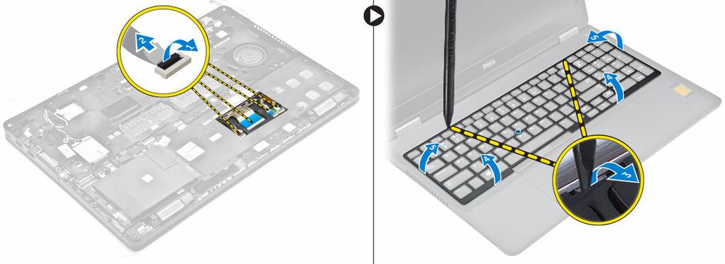 4. Slik at du av tastaturet: a. Fjern skruene som fester tastaturet til datamaskinen [1]. b. Løft tastaturet, og skyv det for å ta det ut av datamaskinen [2,3].