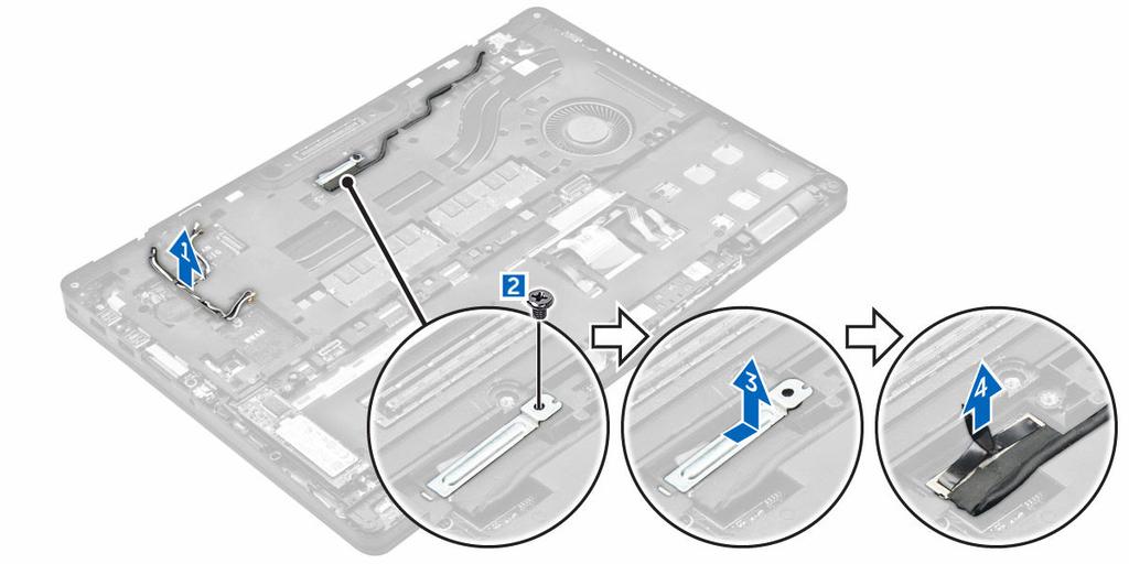 c. WLAN d. WWAN 3. Slik fjerner du skjermhengsebrakettene: a. Fjern skruen som fester skjermhengselbraketten til datamaskinen [1]. b. Fjern skjermhengselbraketten fra datamaskinen [2]. 4.