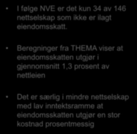 8,0 % 7,0 % 6,0 % Beregninger fra THEMA viser at eiendomsskatten utgjør i gjennomsnitt 1,3 prosent av nettleien 5,0 % 4,0 % 3,0 % Det er særlig i mindre