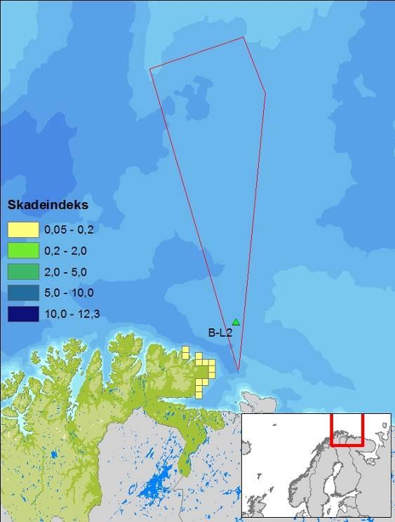 7.3.4 Lokasjon B-L2 Ved utblåsning fra lokasjon B-L2 er det kun sannsynlighet for stranding av olje langs kysten av nordøstlig del av Finnmark.