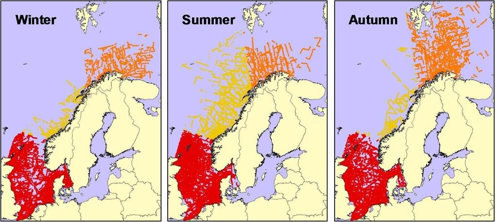 Figur 4-8 Datadekning åpent hav. Hvert punkt representerer en aggregert 20 km linje. Forskjellige farger viser forskjellige havområder, fra sør til nord: Nordsjøen, Norskehavet og Barentshavet.
