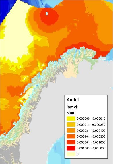 Figur 4-9 Geografisk fordeling av lomvi Uria aalge i Norskehavet og Barentshavet, i sommer (sjun),
