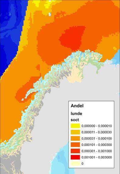 Figur 4-10 Geografisk fordeling av lunde Fratercula arctica i Norskehavet og Barentshavet, i