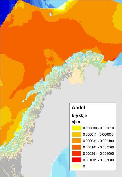 Figur 4-11 Geografisk fordeling av krykkje Rissa tridactyla i Norskehavet og Barentshavet, i sommer- (sjun), høst- (soct) og vintersesongen (sfeb) (SEAPOP/Per Fauchald). 4.2.