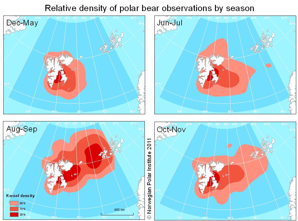 Figur 4-21 Sesongvis forekomst og relativ tetthet av isbjørn innenfor det tidligere omstridte området i Barentshavet sørøst (omsøkt område), basert på merkedata (1967-2011) og flytellinger (2004) (NP
