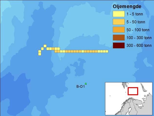 10 km rute, og resultatene er derfor ikke illustrert. Resultatene viser iskanten i all hovedsak treffes av inn til 50 tonn olje per 10 10 km rute.