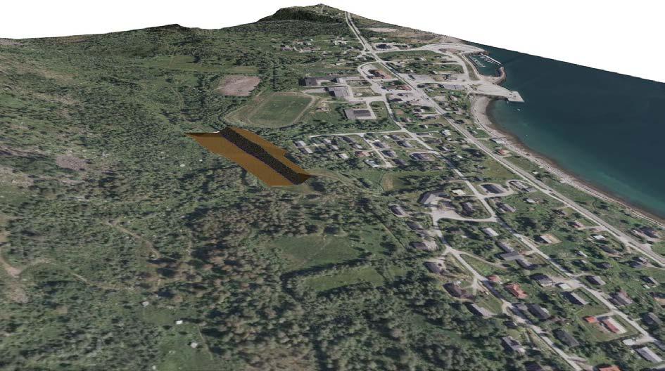3D-skisse viser fangvollen i terrenget, boligene foran blir beskyttet mot ras Fangvollen bygges for å stoppe raset i sin naturlige bane, for på den
