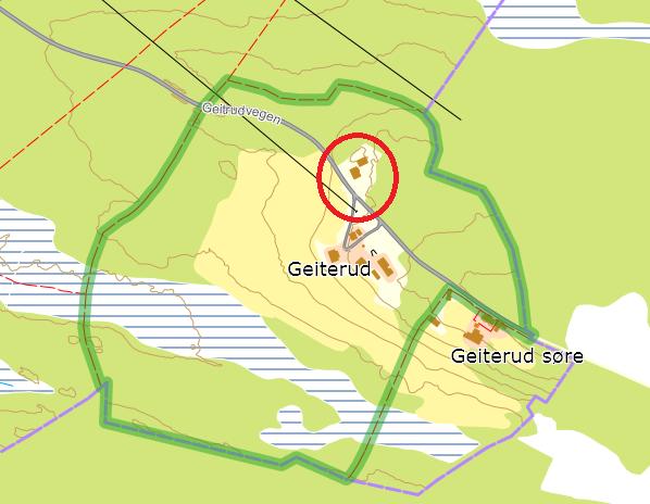 Sak 33/17 Figur 2: Omsøkte fradeling angitt med rød sirkel. Fakta Boligen ligger i uregulert område. Eiendommen er i kommuneplanens arealdel 2011 2024 avsatt til landbruk-, natur- og friluftsområde.