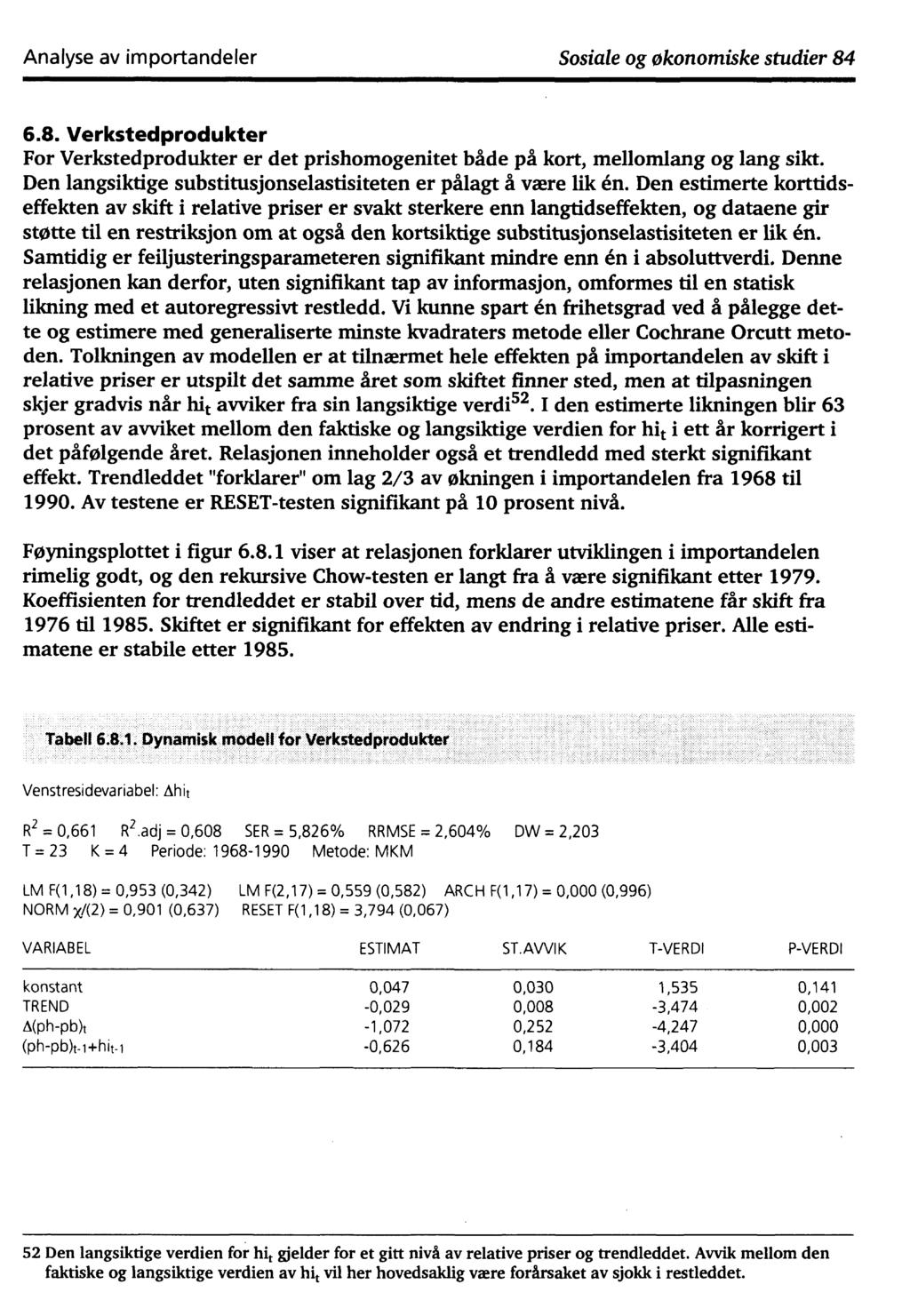 Analyse av importandeler Sosiale og økonomiske studier 84 6.8. Verkstedprodukter For Verkstedprodukter er det prishomogenitet både på kort, mellomlang og lang sikt.