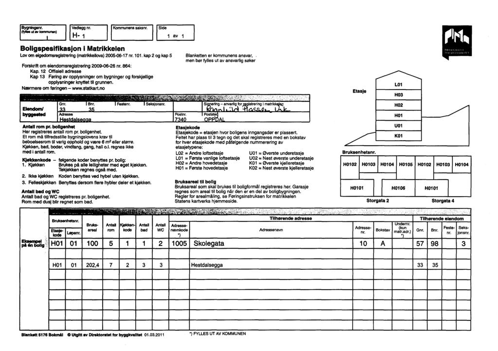 Bygningsnr. (fnes utav Icarranunen) Vedlegg nr. H- Kommunens saksnr. Side av Boligspesifikasjon Matrikkelen Lov omeigedomsregistreting (matrikkellova) 200