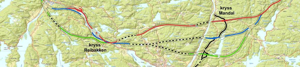 Alle alternativene har kryss øst for Mandalselva, med ny tilførselsveg ned mot Mandal.